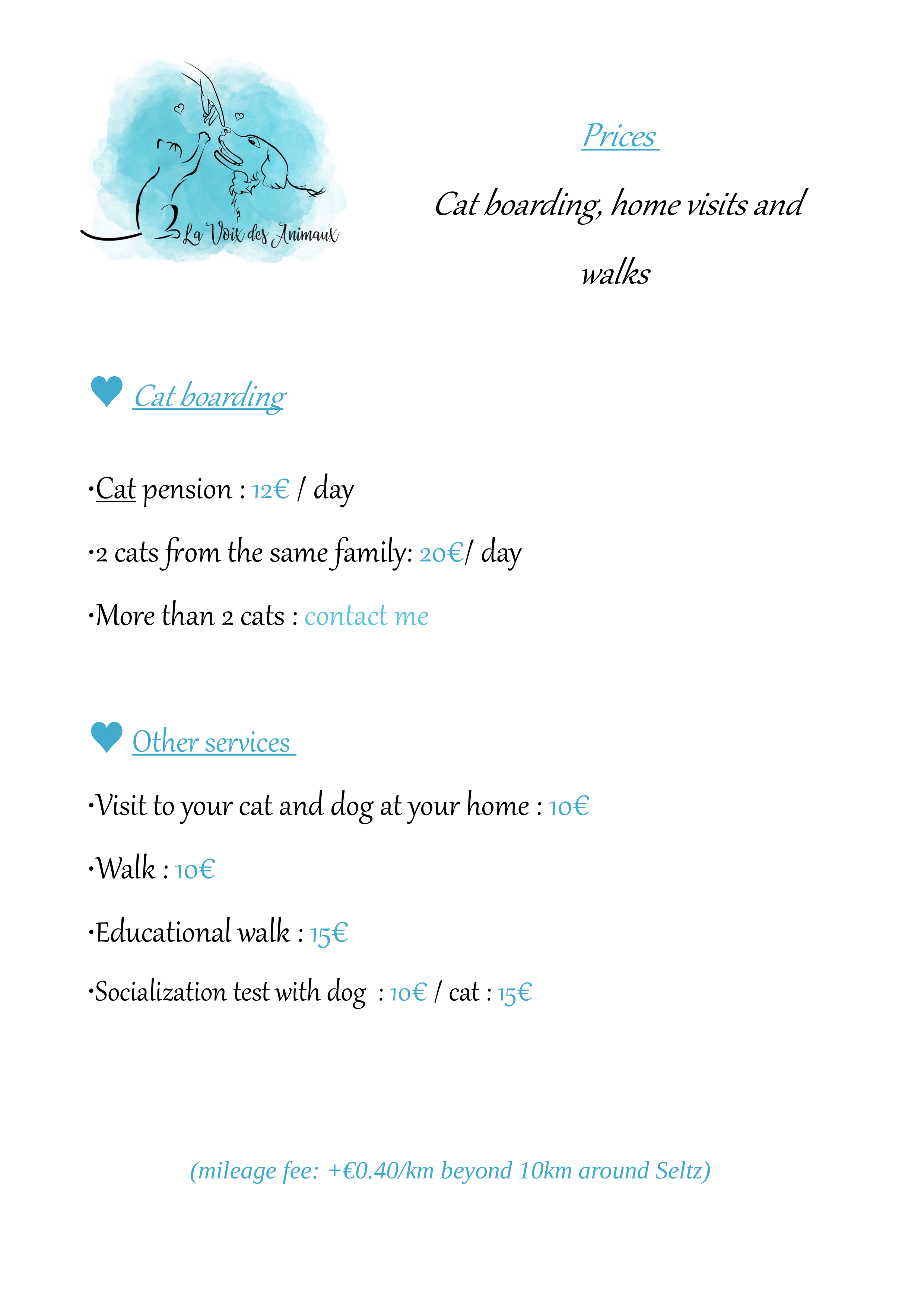 Prices - Cat boarding, home visits and walks